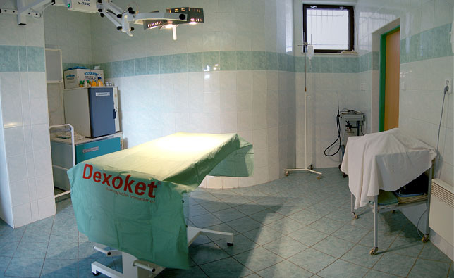Na druhou vyšetřovnu z jedné strany navazuje RTG pracoviště s vysokofrekvenčním RTG přístrojem a fotokomorou a ze strany druhé chirurgický sál pro břišní a kostní chirurgii.